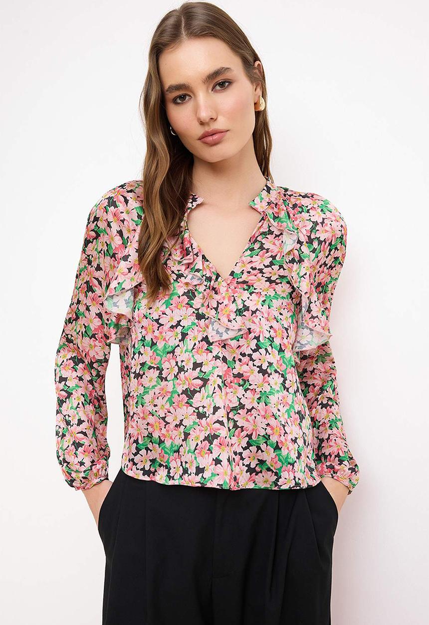 Trendyol - Floral Ruffle Detail Satin Blouse - Pink