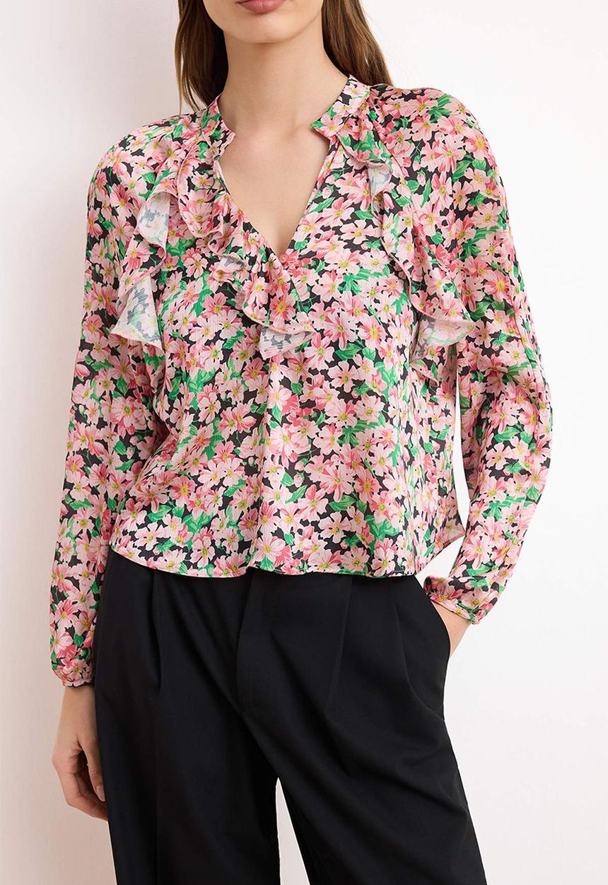 Trendyol - Floral Ruffle Detail Satin Blouse - Pink