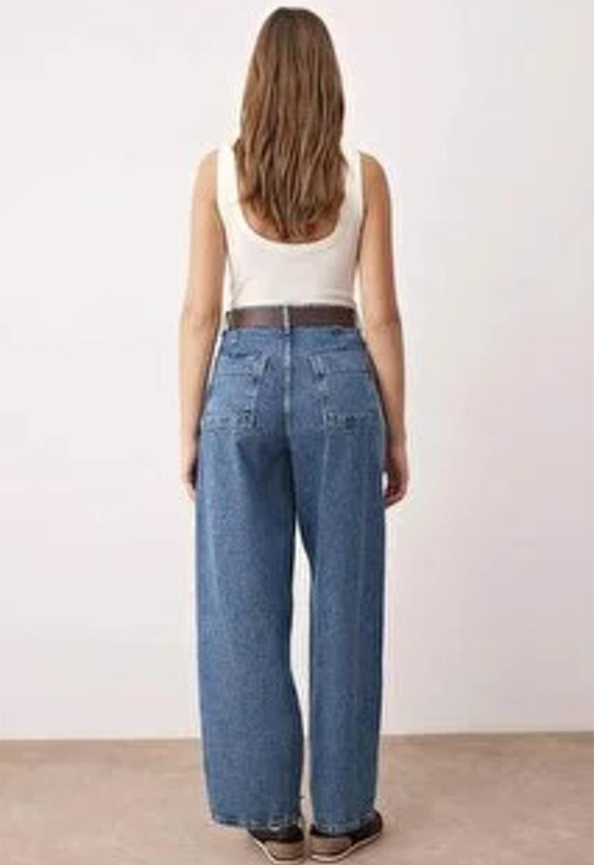Trendyol - High Waist Baggy Jeans with Belt Detail - Blue
