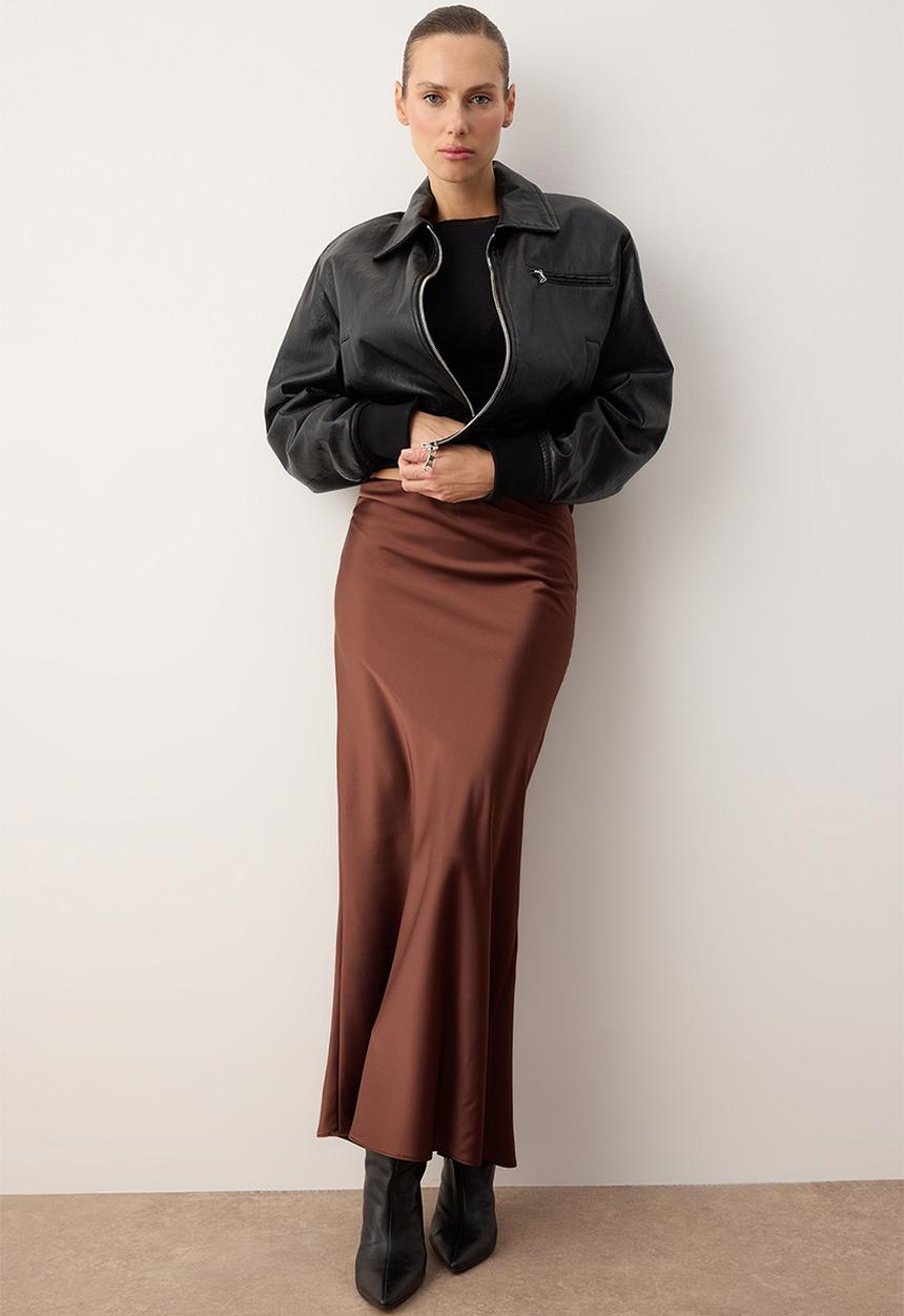 Trendyol - Satin Maxi Skirt - Dark Brown