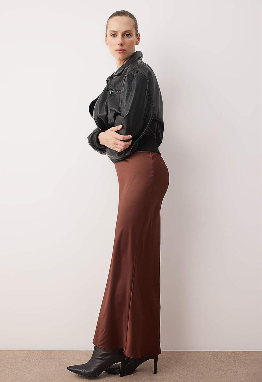 Trendyol - Satin Maxi Skirt - Dark Brown