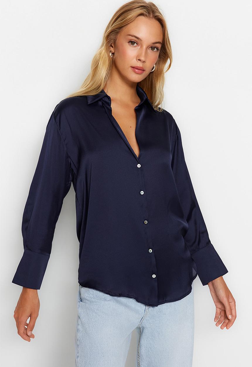 Trendyol - Oversize Satin Woven Shirt - Navy Blue