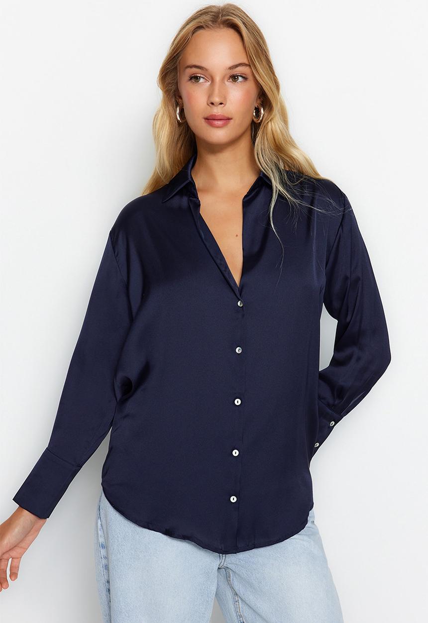 Trendyol - Oversize Satin Woven Shirt - Navy Blue