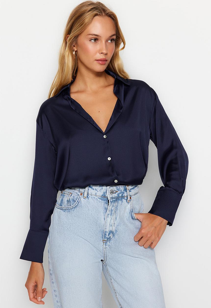 Trendyol - Oversize Satin Woven Shirt - Navy Blue