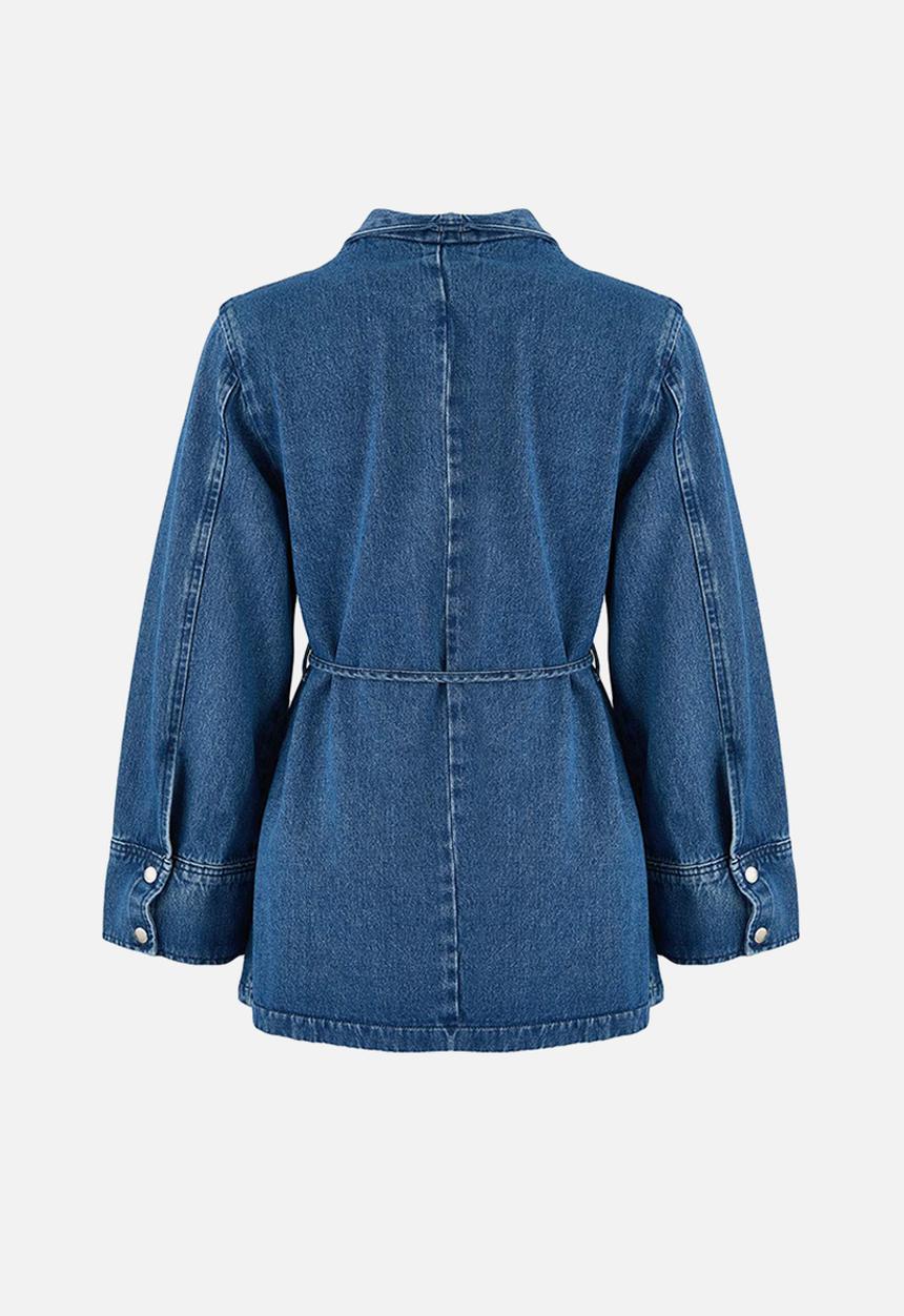 Trendyol - Belted 100% Cotton Oversize Denim Jacket - Blue