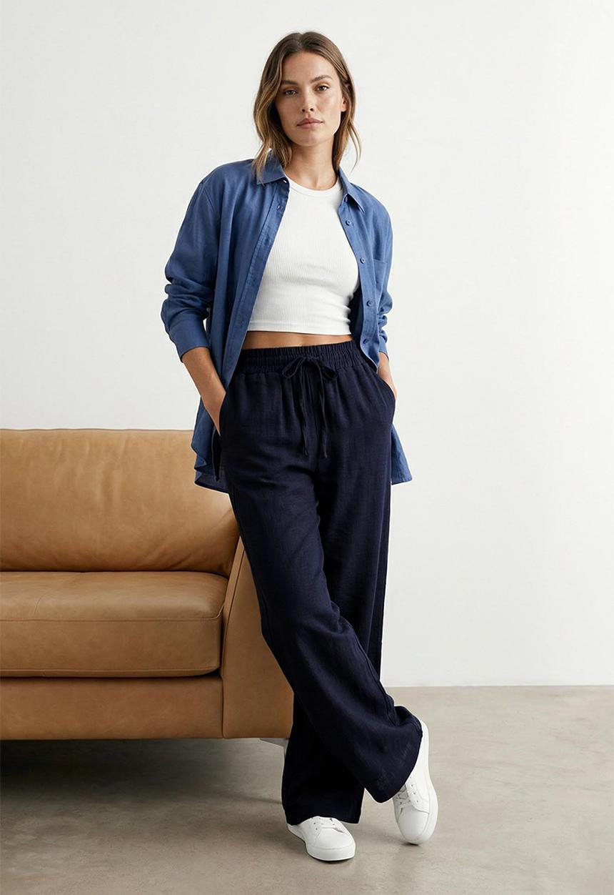 Trendyol - Linen Look Wide Leg Pant - Navy Blue
