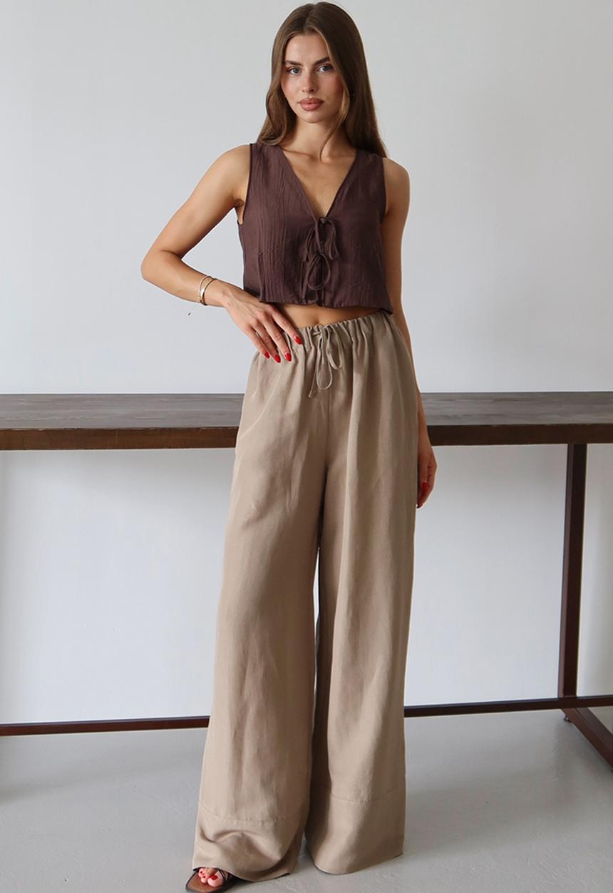 Trendyol - Linen Blend Wide Leg Trousers - Mink