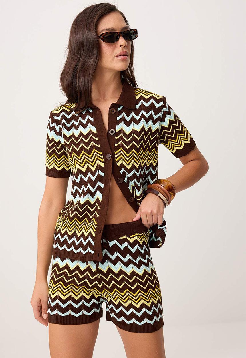 Trendyol - Color Block Shirt-Blouse Knitwear Bottom - Top Set - Brown