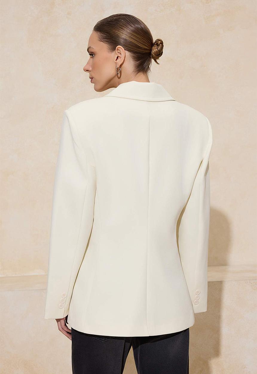 Trendyol - Fitted Single Button Woven Lined Padded Blazer Jacket - Off-White