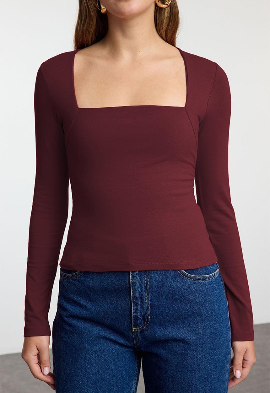 Trendyol - Draped Detail Body-Fitting Blouse - Dark Burgundy