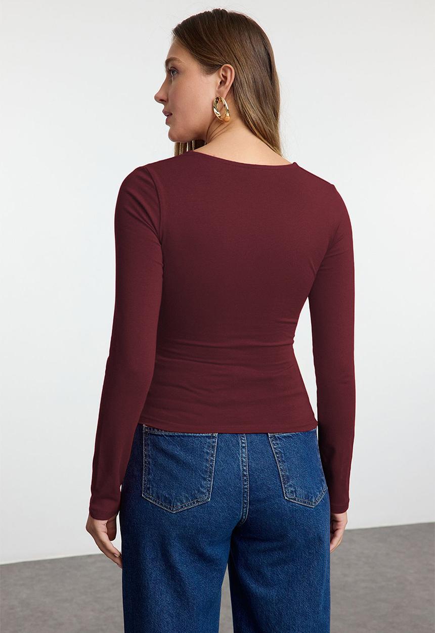 Trendyol - Draped Detail Body-Fitting Blouse - Dark Burgundy