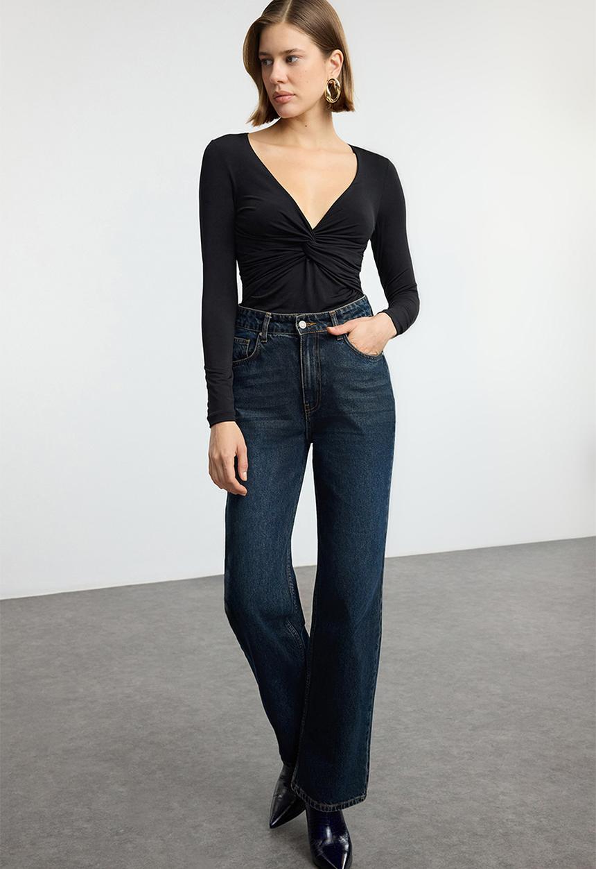 Trendyol - Long Sleeve Drape Detail Blouse - Black