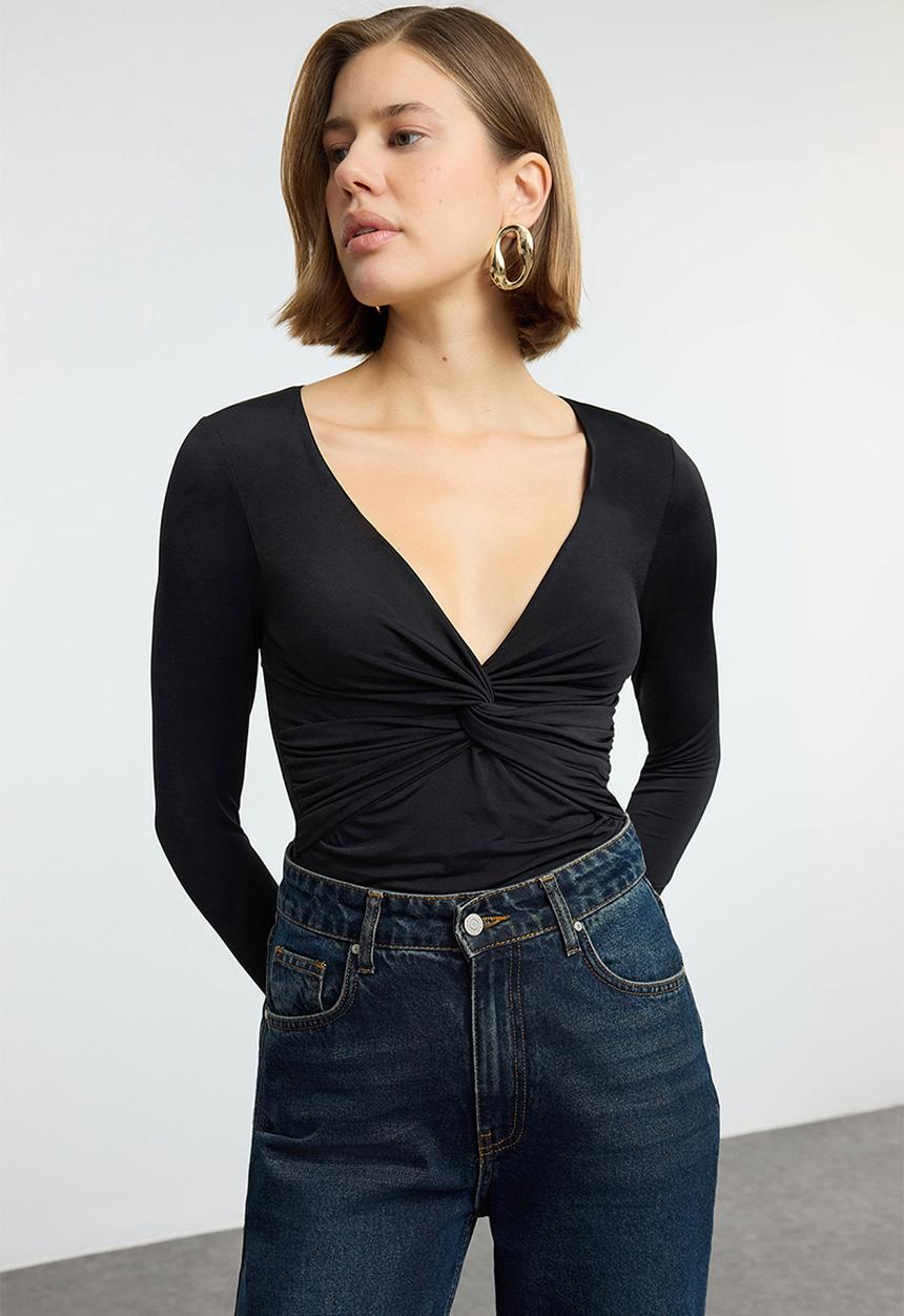Trendyol - Long Sleeve Drape Detail Blouse - Black