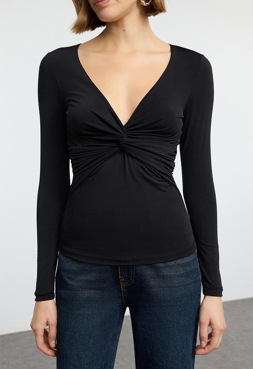 Trendyol - Long Sleeve Drape Detail Blouse - Black