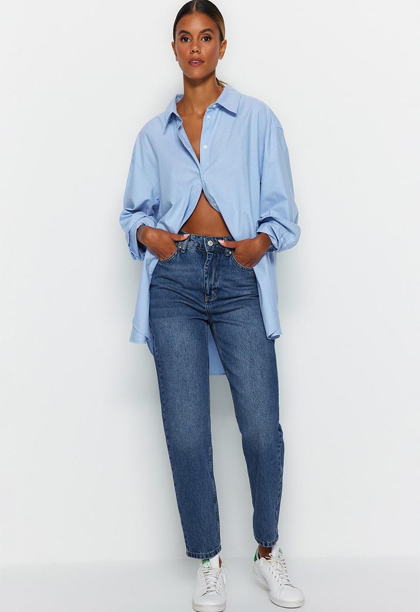 Trendyol - High Waist Mom Jeans - Dark Blue