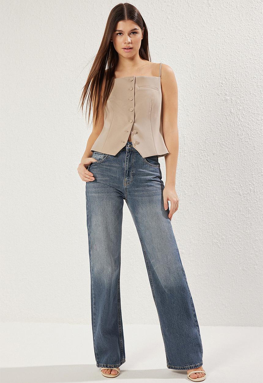 Trendyol - High Waist Wide Leg Jeans - Indigo