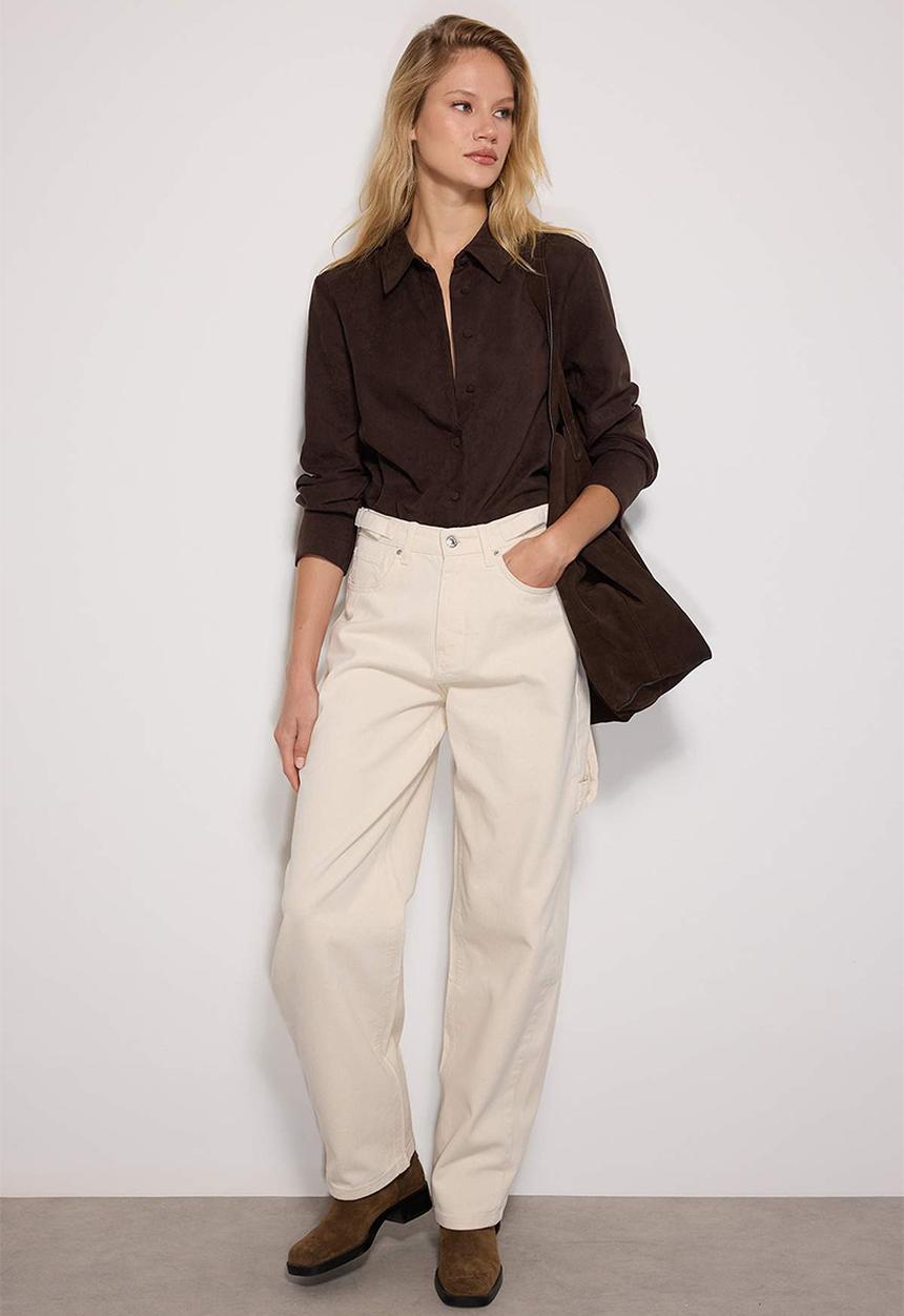 Trendyol - High Waist Carpenter Baggy Jeans - Ecru