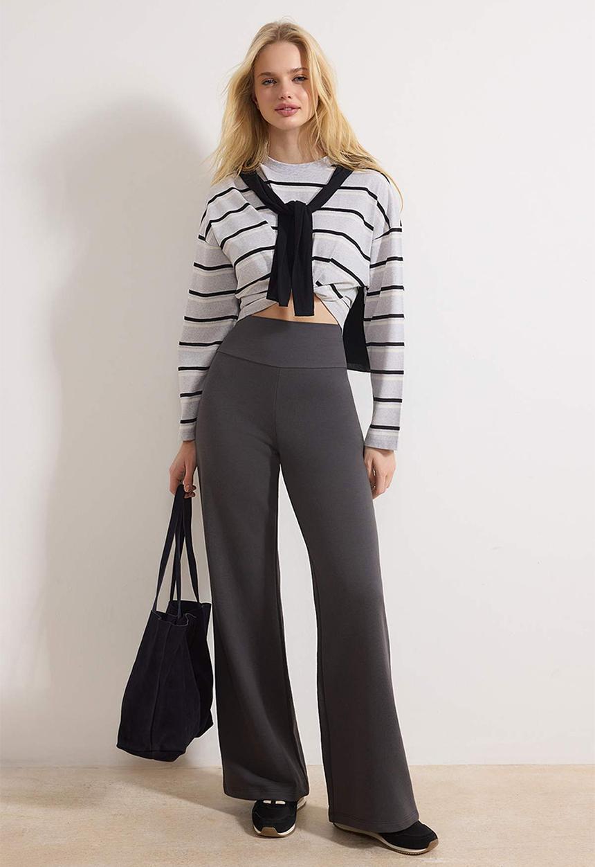 Trendyol - High Waist Wide Leg Trousers - Anthracite