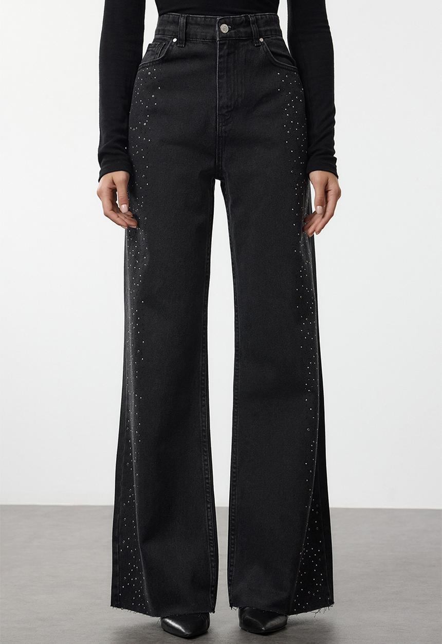 Trendyol - High Waist Wide Leg Jeans with Stone Detail - Black