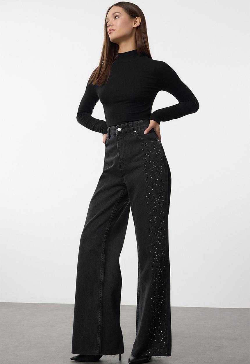 Trendyol - High Waist Wide Leg Jeans with Stone Detail - Black