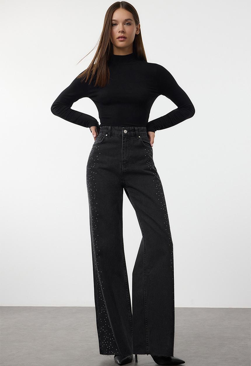 Trendyol - High Waist Wide Leg Jeans with Stone Detail - Black
