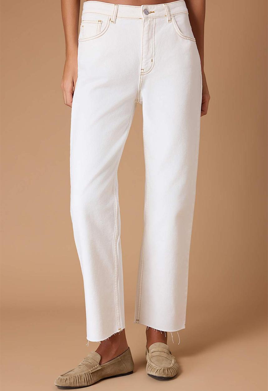 Trendyol - High Waist Straight Cut Jeans with Cut-Out Detail - Ecru