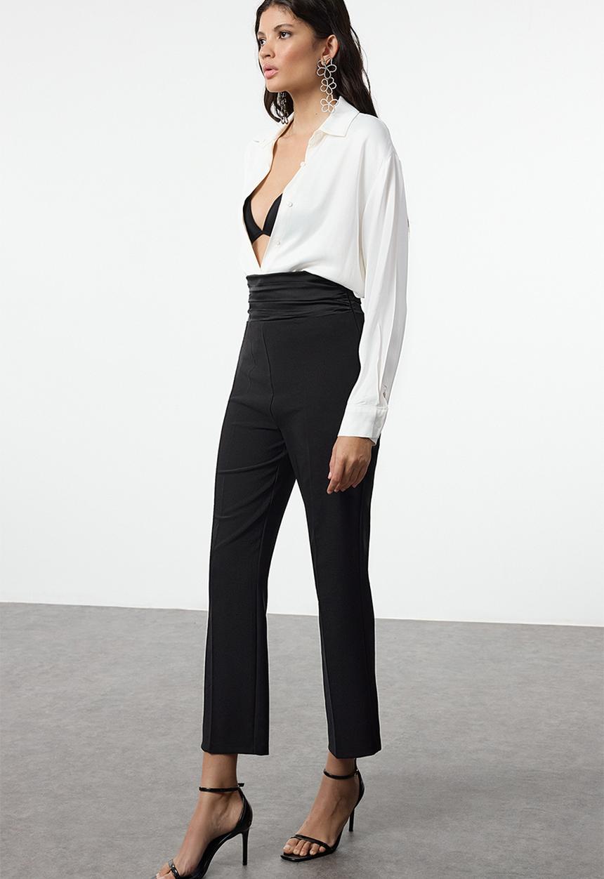 Trendyol - Satin Trousers with Ribbed Stripe Detail - Black