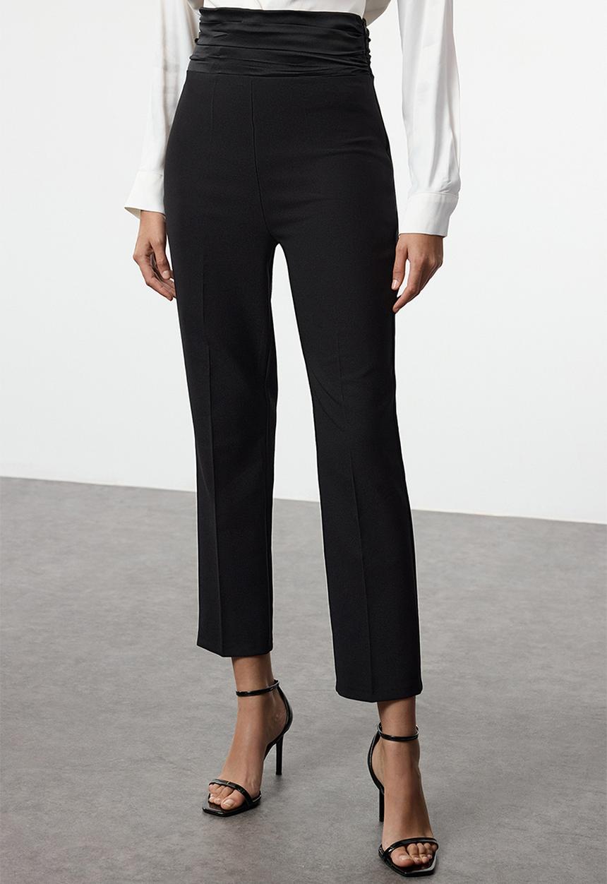 Trendyol - Satin Trousers with Ribbed Stripe Detail - Black