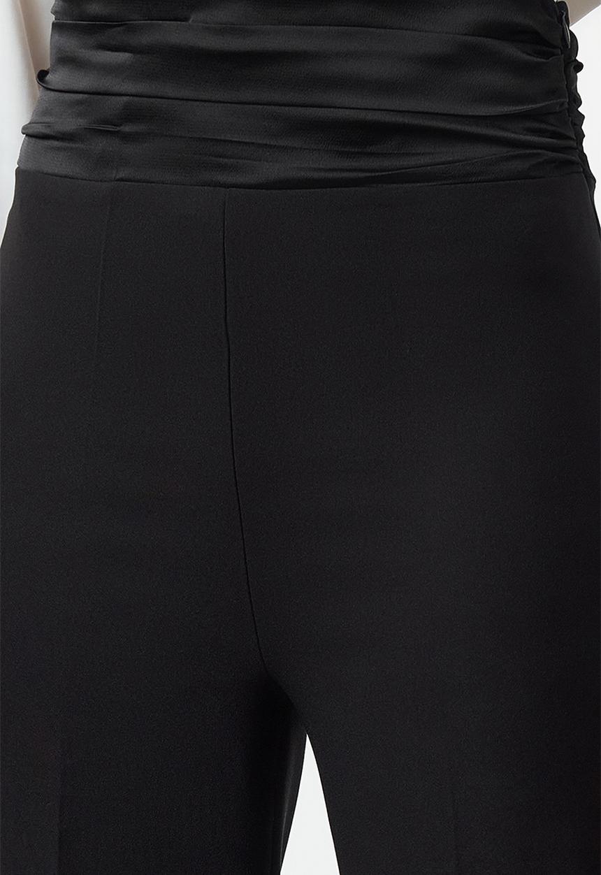 Trendyol - Satin Trousers with Ribbed Stripe Detail - Black