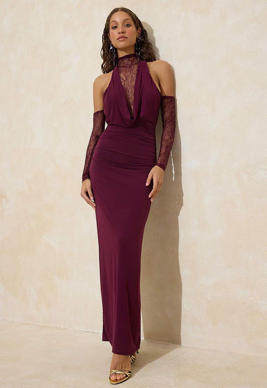 Trendyol - Lace Detailed Knitted Sandy Maxi Dress - Plum
