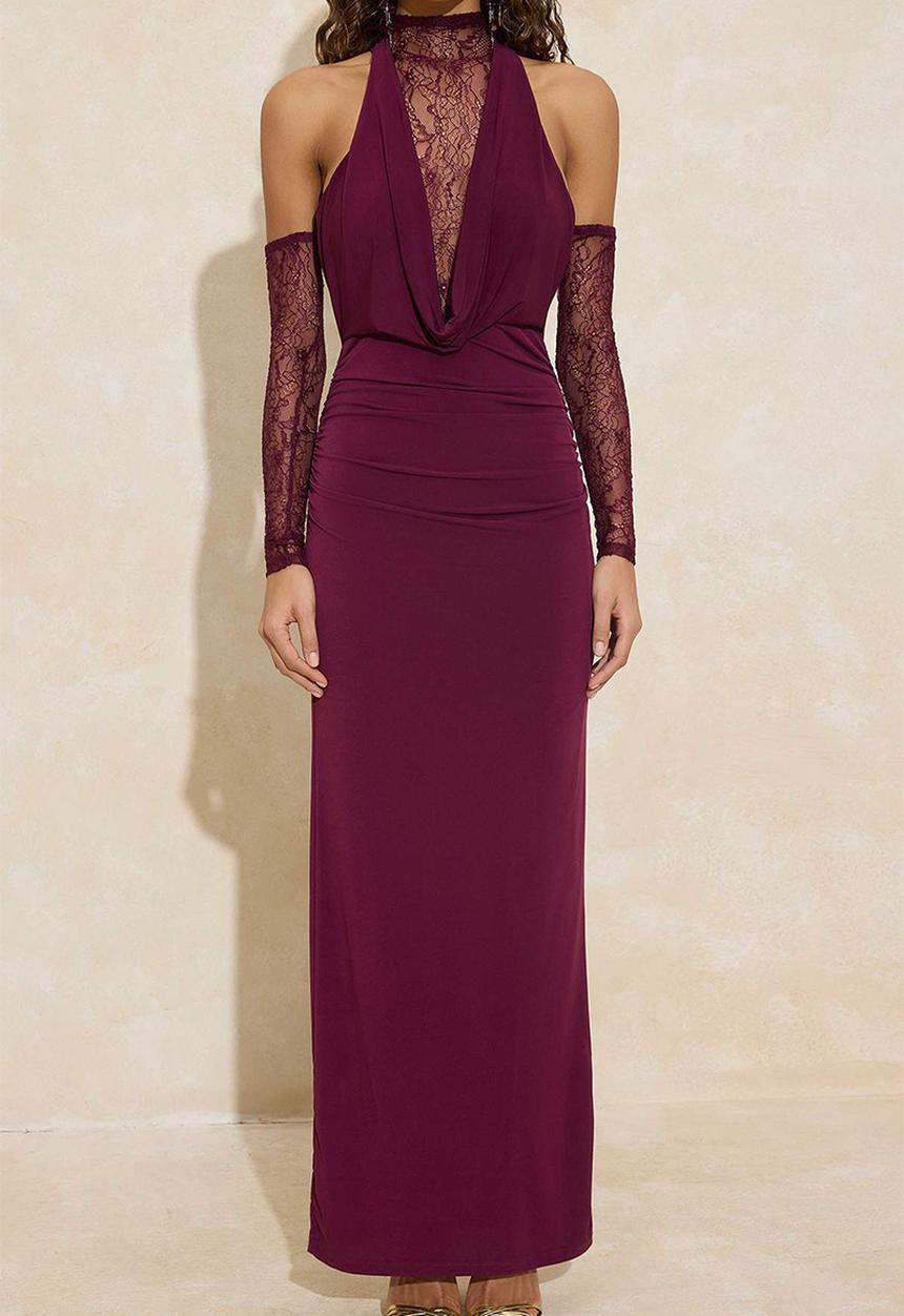 Trendyol - Lace Detailed Knitted Sandy Maxi Dress - Plum