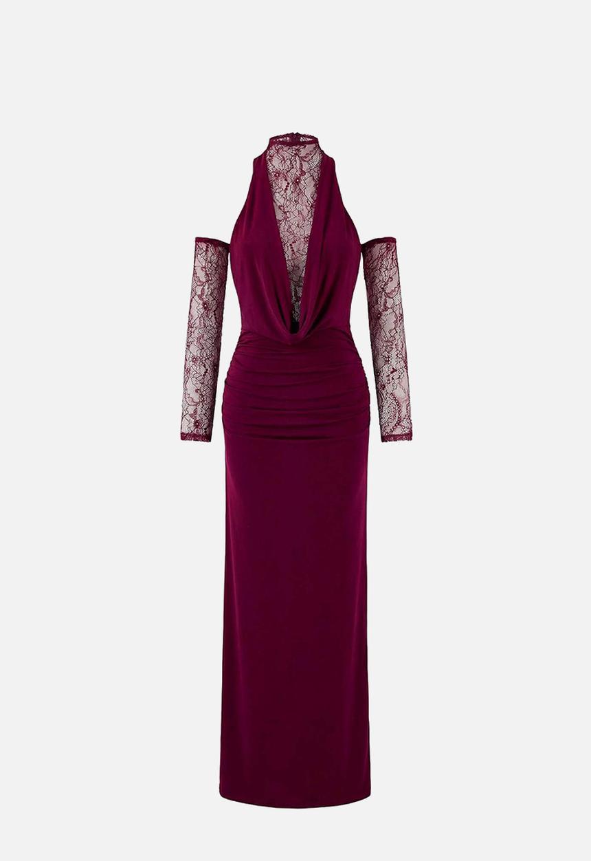 Trendyol - Lace Detailed Knitted Sandy Maxi Dress - Plum
