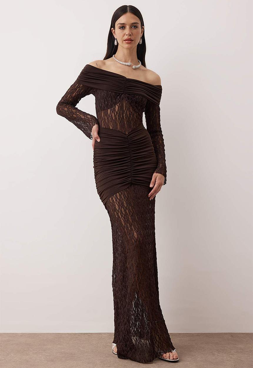 Trendyol - Lace Knitted Stylish Maxi Dress - Brown