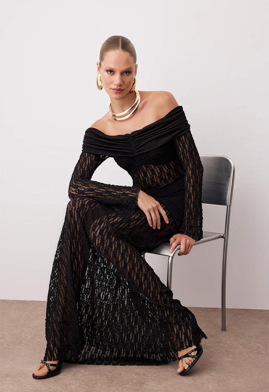 Trendyol - Lace Knitted Stylish Maxi  Dress - Black
