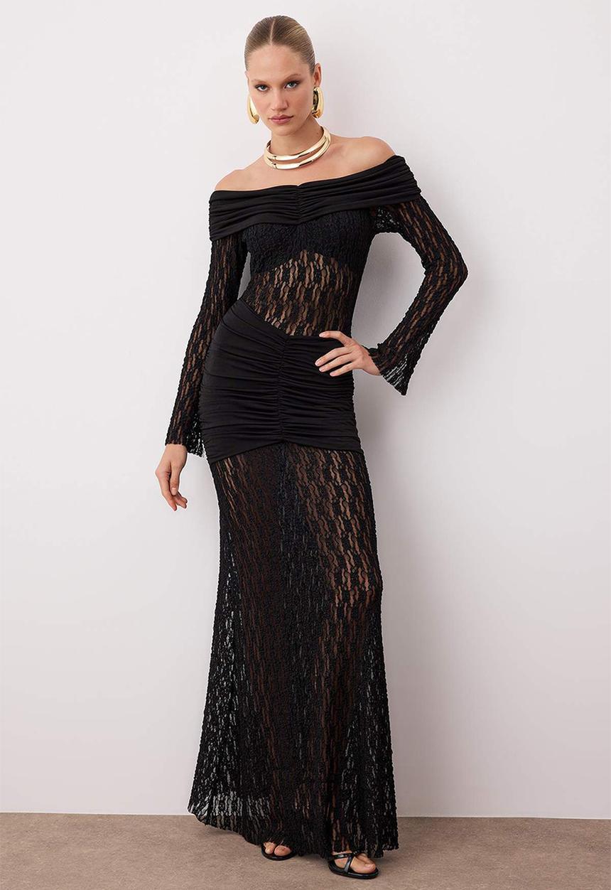 Trendyol - Lace Knitted Stylish Maxi  Dress - Black