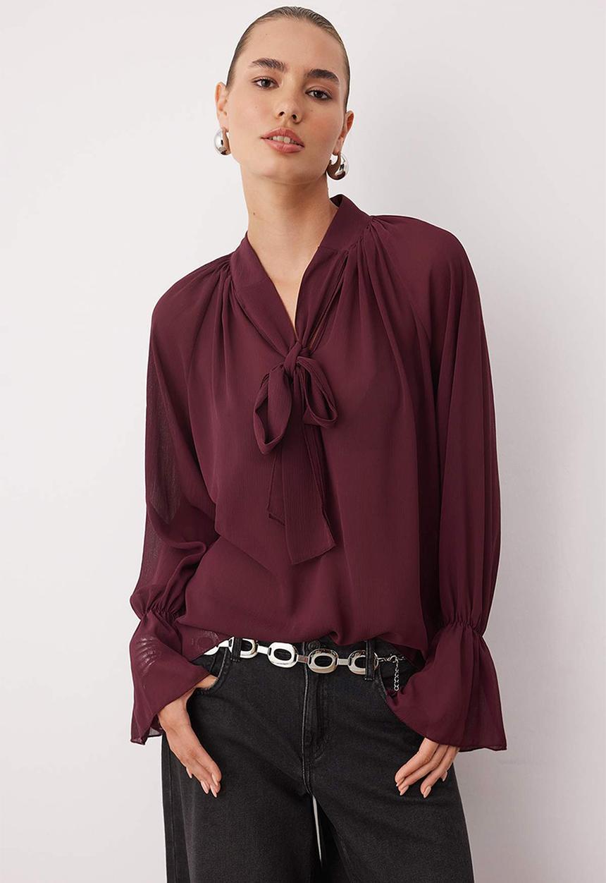 Trendyol - Halter Neck Unlined Sheer Blouse - Dark Burgundy