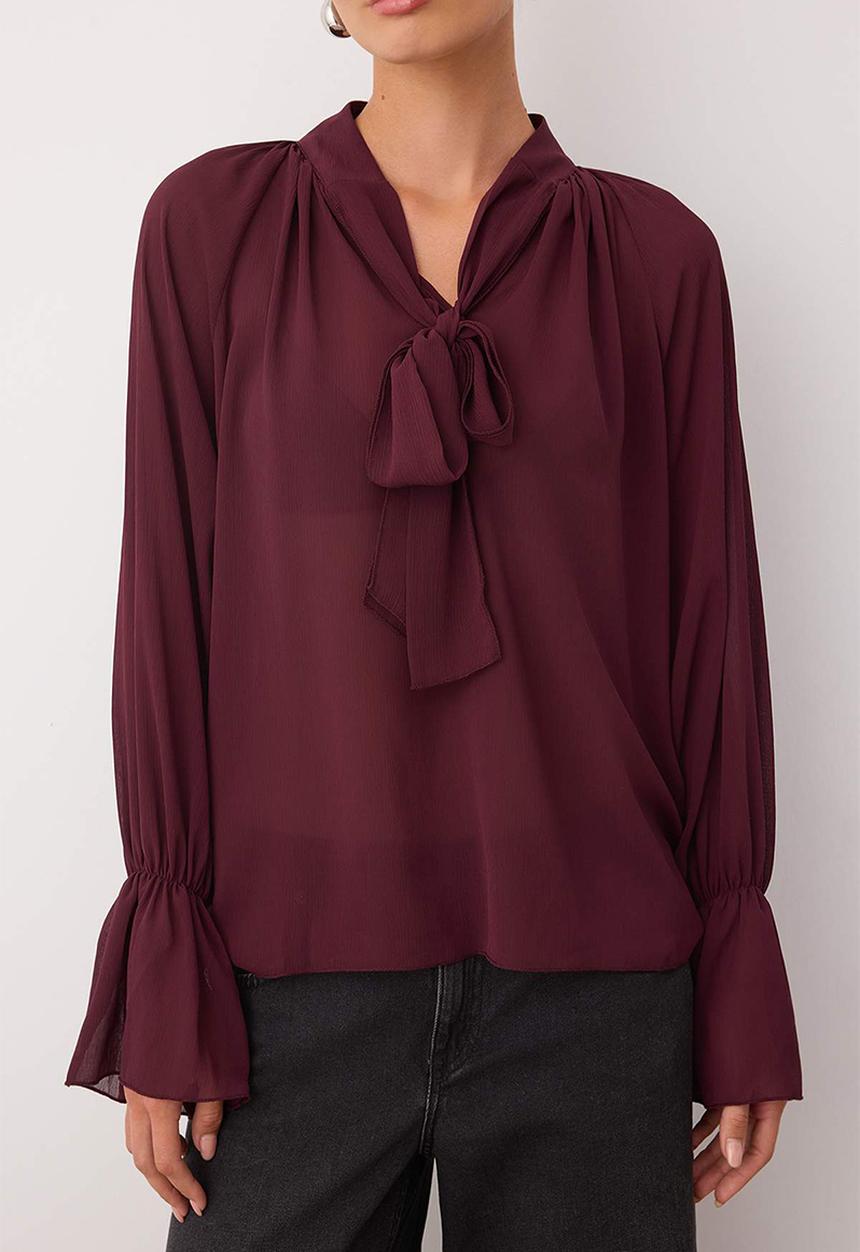 Trendyol - Halter Neck Unlined Sheer Blouse - Dark Burgundy