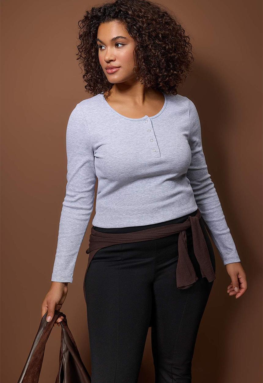Trendyol - Plus Camisole Knitted Blouse - Grey Melange
