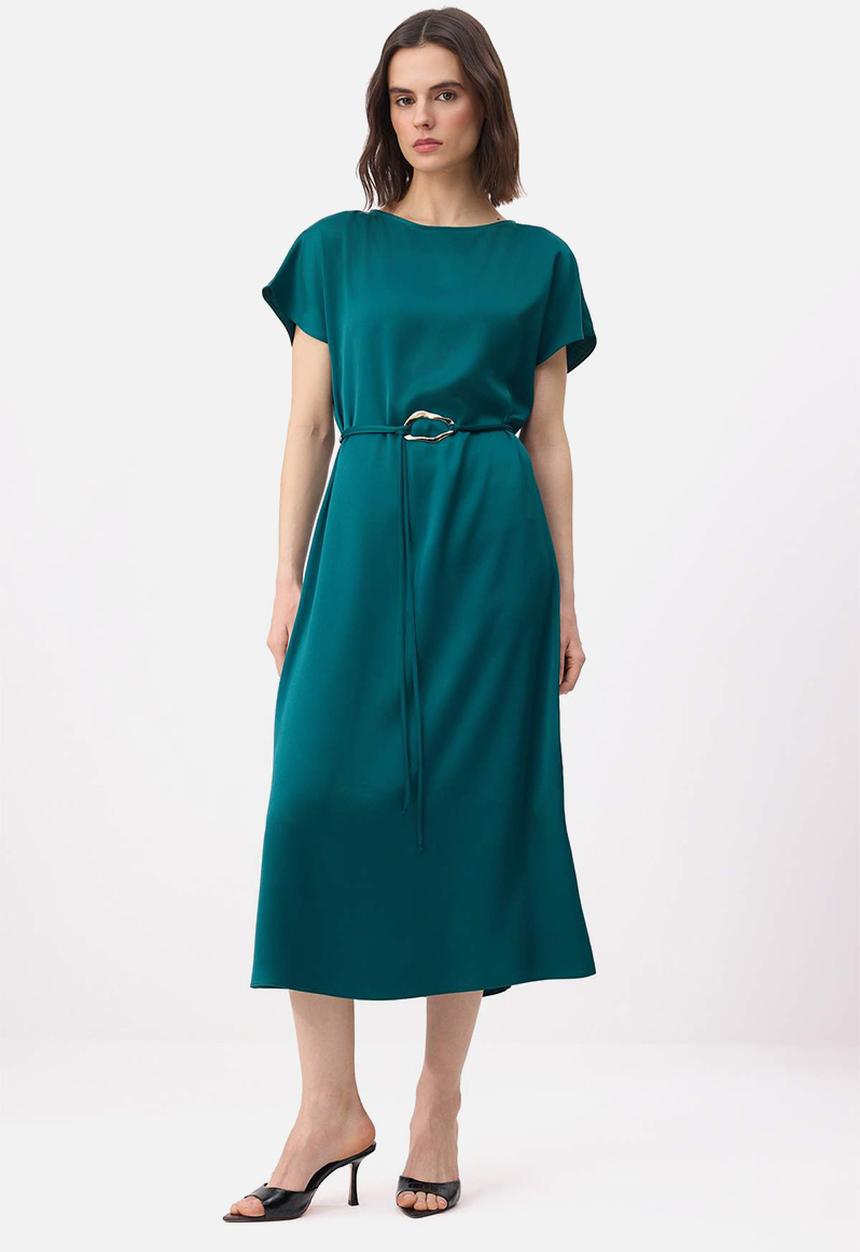Trendyol - Belted Straight Midi Woven Dress - Emerald Green