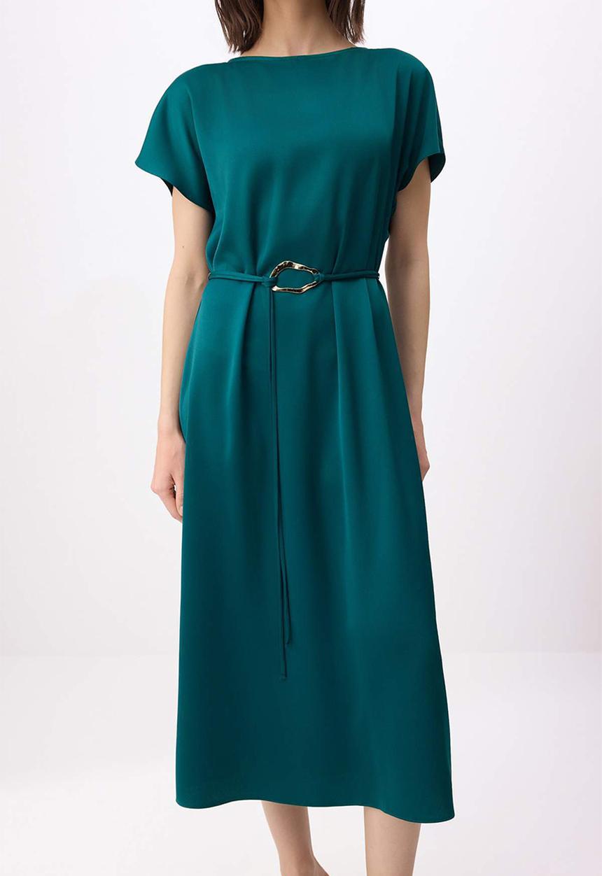 Trendyol - Belted Straight Midi Woven Dress - Emerald Green