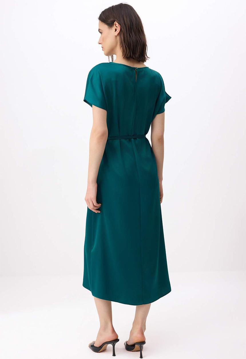 Trendyol - Belted Straight Midi Woven Dress - Emerald Green