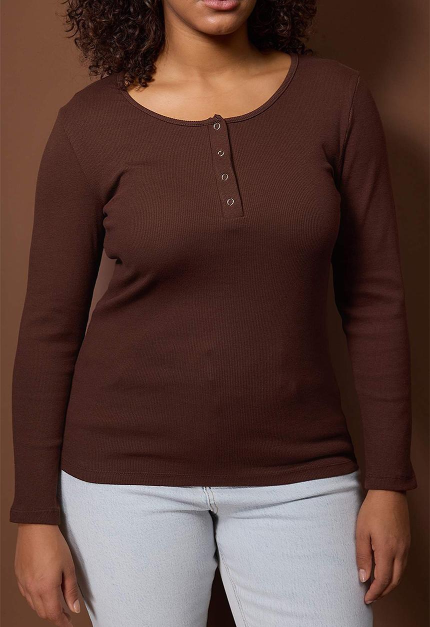 Trendyol - Plus Ribbed Knit Knitted Blouse - Dark Brown