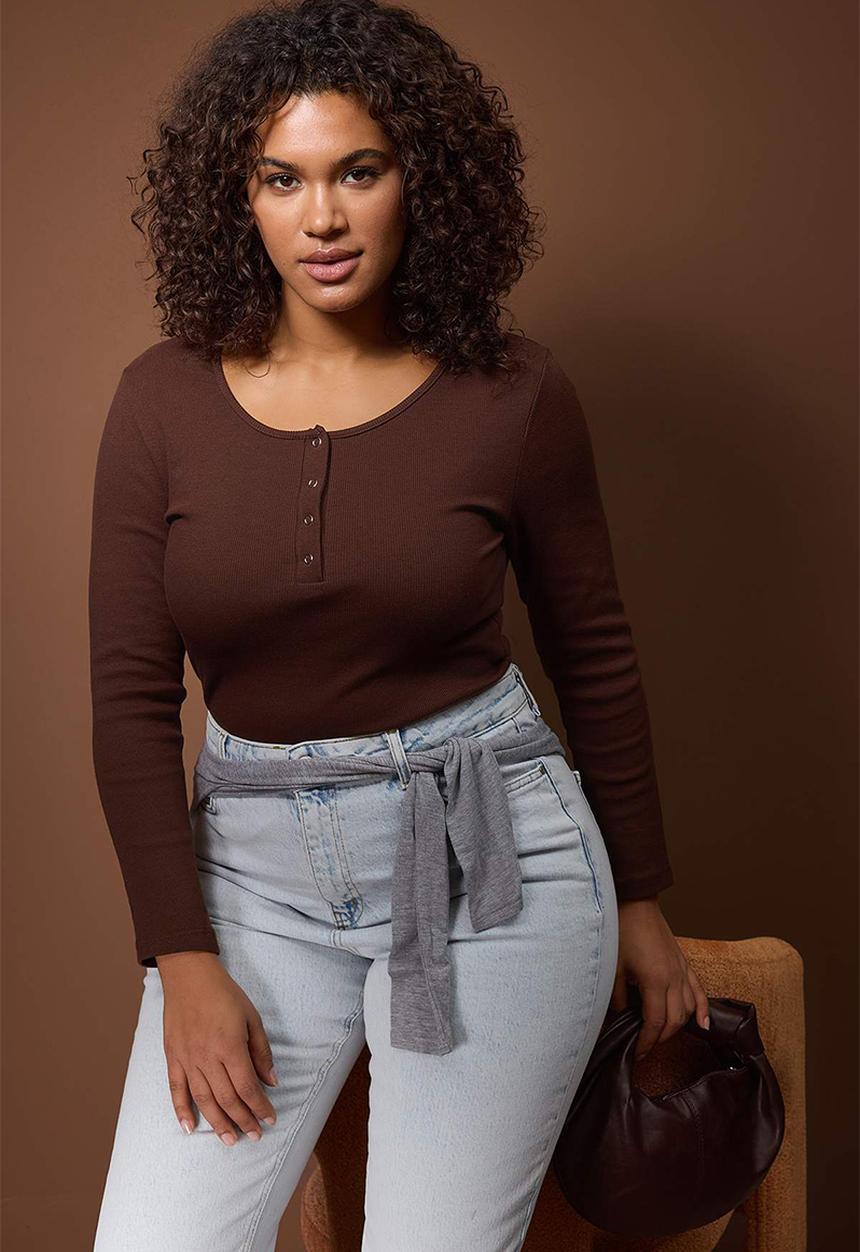 Trendyol - Plus Ribbed Knit Knitted Blouse - Dark Brown