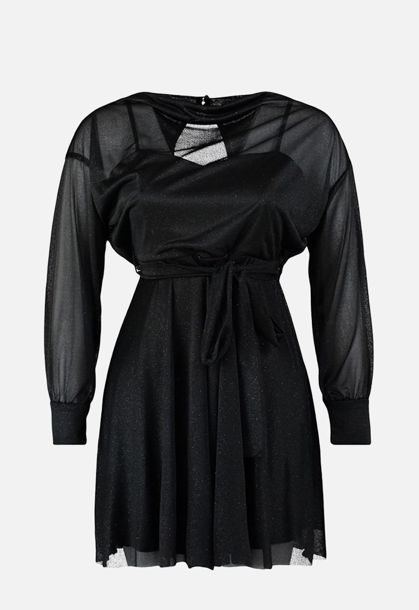 Trendyol - Plus Open Waist/Skater Silvery Mini Knitted Dress - Black
