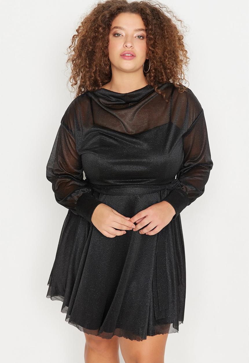 Trendyol - Plus Open Waist/Skater Silvery Mini Knitted Dress - Black