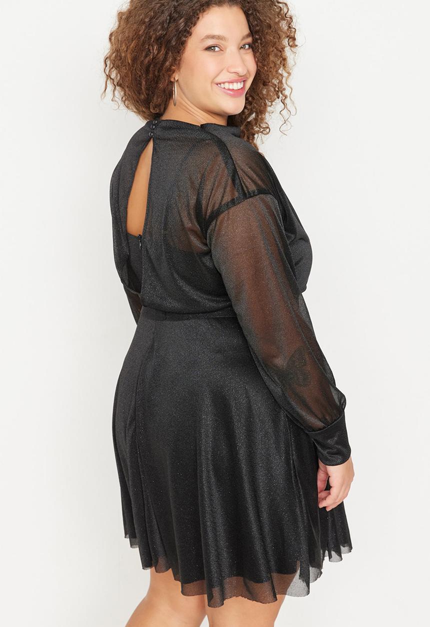 Trendyol - Plus Open Waist/Skater Silvery Mini Knitted Dress - Black