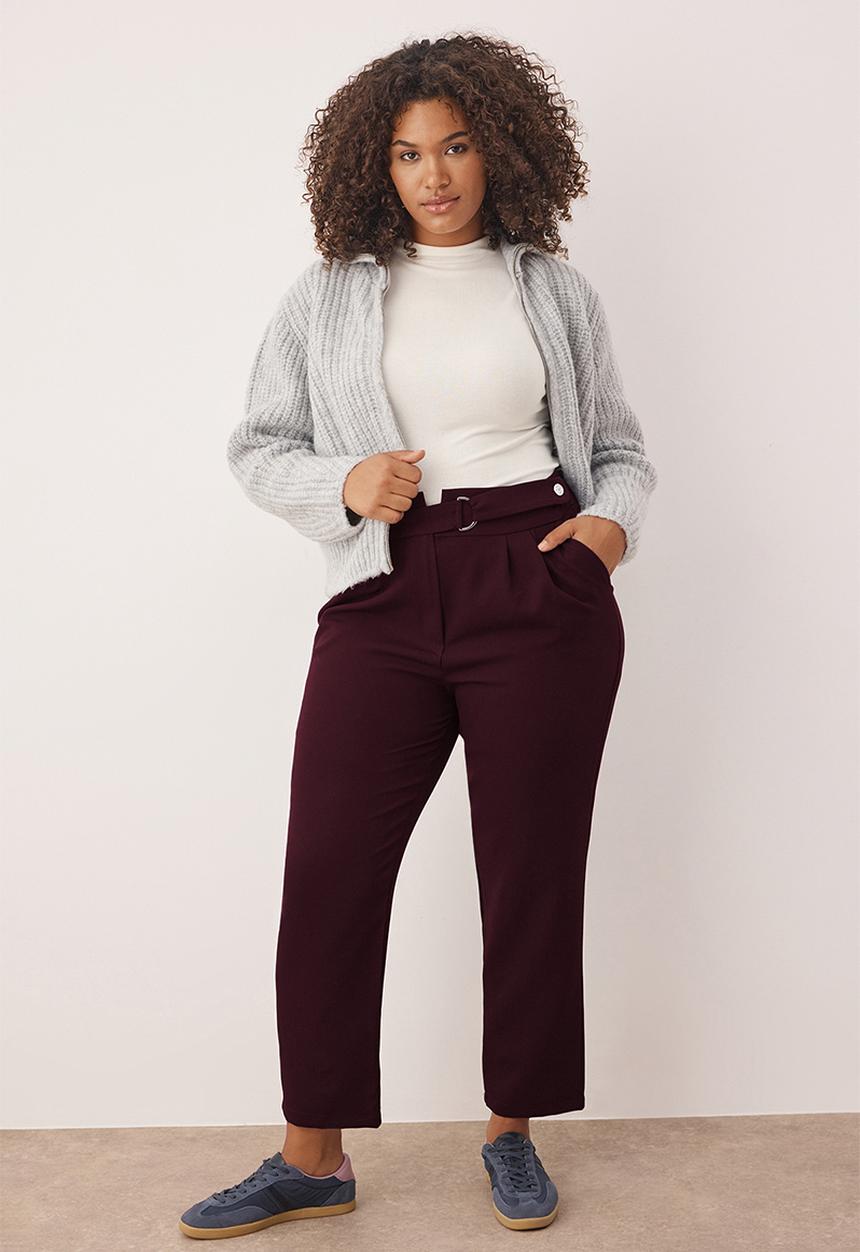 Trendyol - Plus Waist Adjustable Belt Woven Fabric Pants - Plum
