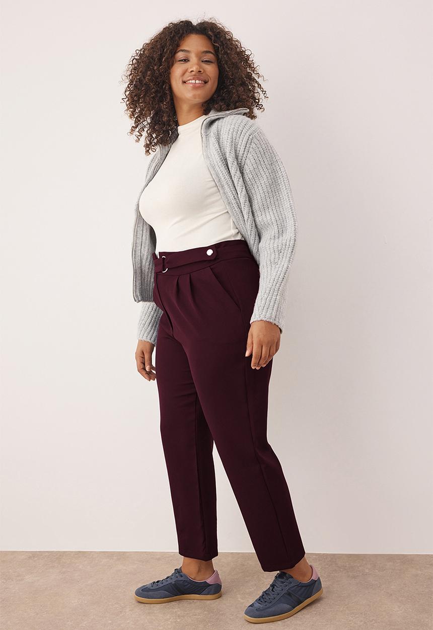 Trendyol - Plus Waist Adjustable Belt Woven Fabric Pants - Plum