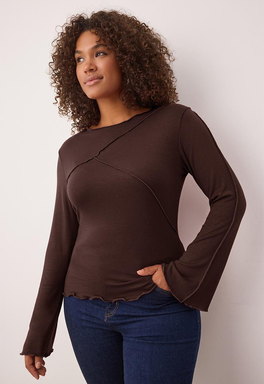 Trendyol - Plus Soft Fabric Ribbed Detail Spanish Sleeve Knitted Blouse - Brown