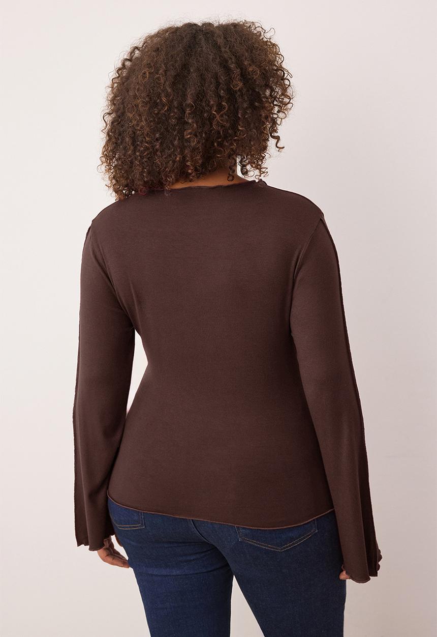 Trendyol - Plus Soft Fabric Ribbed Detail Spanish Sleeve Knitted Blouse - Brown